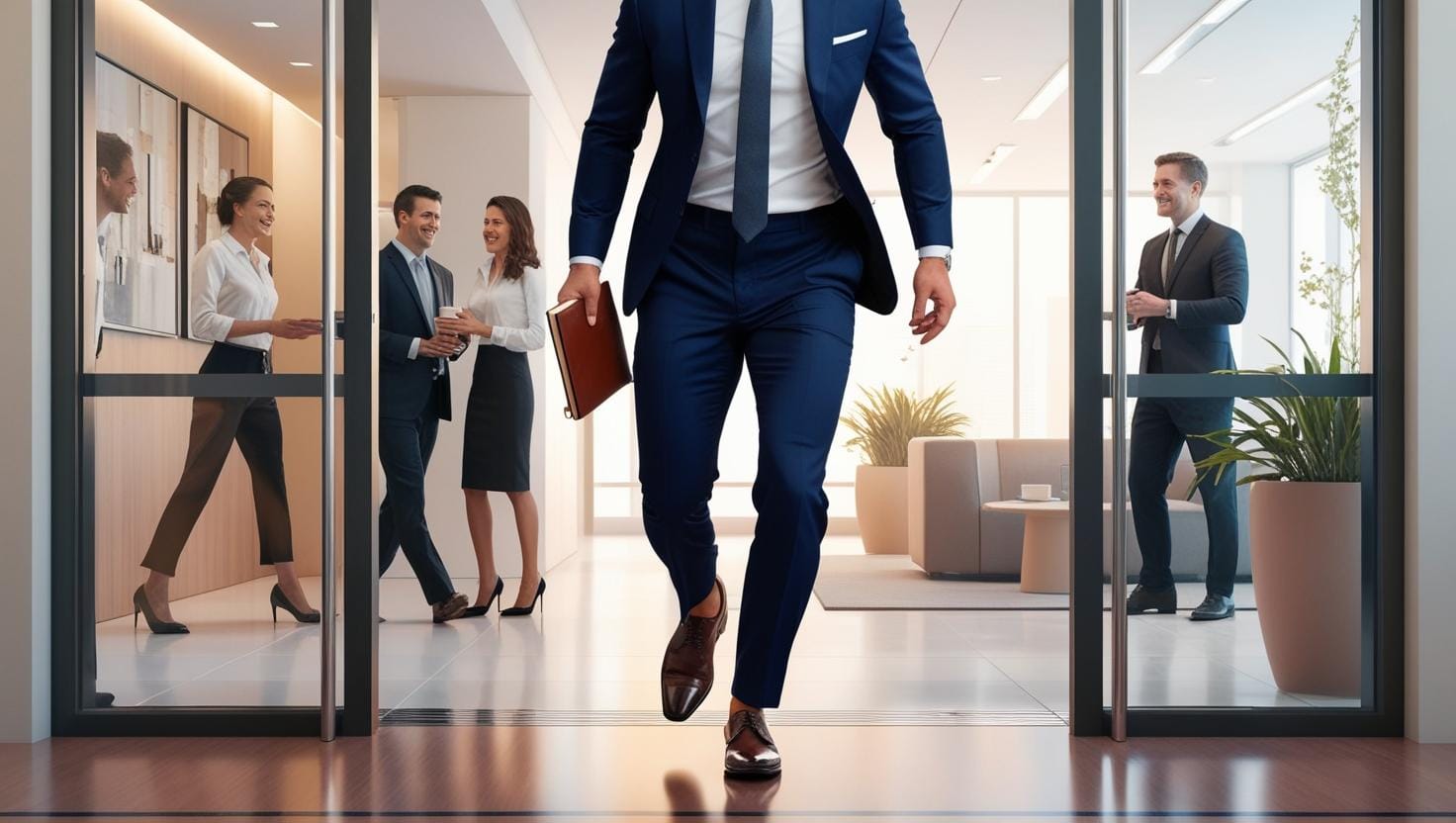 a person walking in the office at his first day of work